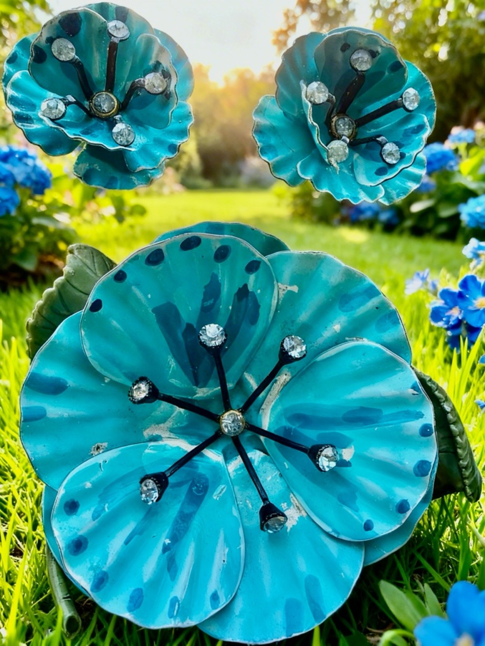 Turquoise Blue Floral Metal Brooch Earrings Set with Rhinestone Centers Big